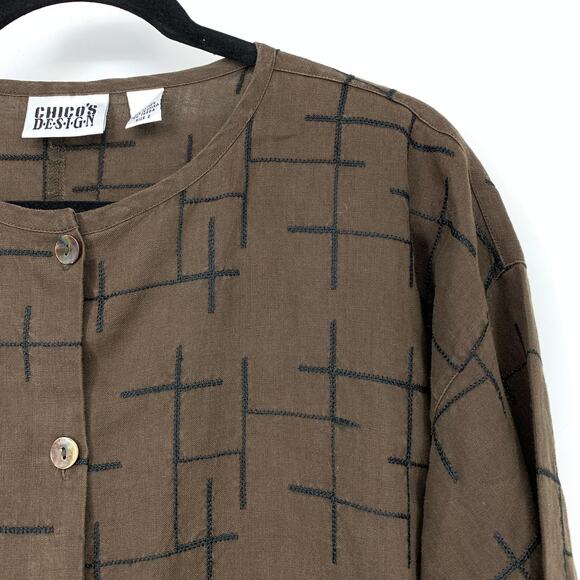 Chicos Shirt Jacket Womens Sz 2 US L Brown Linen Embroidered Line Design - Picture 3 of 5